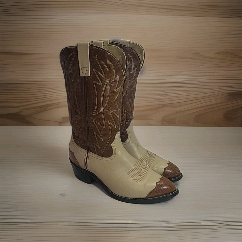 Vtg Acme Western Cowboy Boots Lizard Wingtip Two Tone Cream/Brown Size 10.5D USA